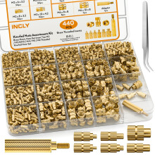 INCLY 440PCS Threaded Heat Inserts Set,M2 M2.5 M3 M4 M5 M6 Female Thread Metric Knurled Nuts Assortment Kit Brass Heat Inserts Set for Plastic and 3D