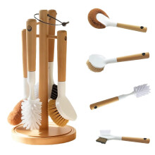 4 Packs Bamboo Washing up Brush Set Durable Bristle Dish Cleaning Brushes Non-scratch Kitchen Scrub Brush with Long Handle for Cleaning Pots Pans