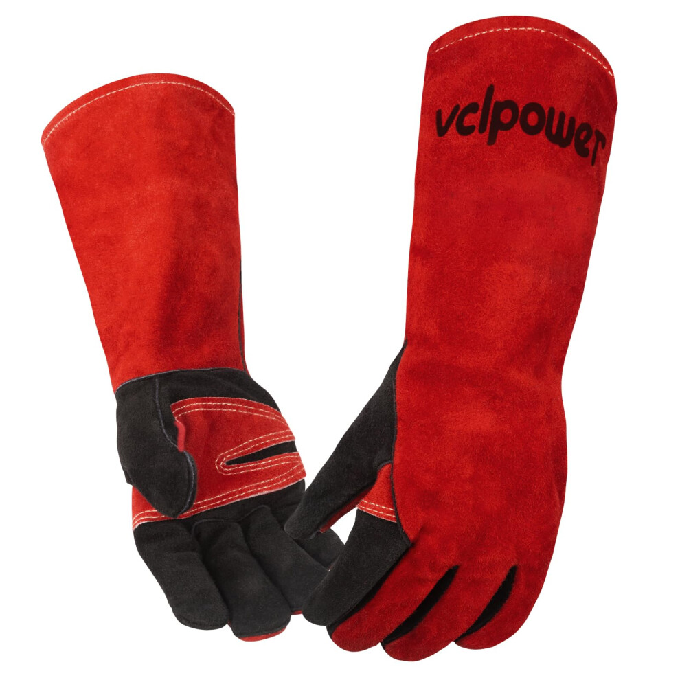 Vclpower Leather Welding Gloves Fireproof Heat-Resistant 500C Long Sleeve Mitts For Bbq, Fireplace, Oven, Stove, Grill, Log Wood Burners 5051226651052