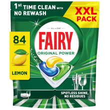 Fairy Original Power Dishwasher Tablets Lemon, 84 Capsules, 1st Time Cleaning Action with No Rewash, Effective on 100% Grease