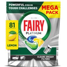 Fairy Platinum Dishwasher Tablets, Lemon, 81 Capsules, Powerful Even on Tough Cleaning Challenges, Clean Dishes, Shiny Machine, Cleans Greasy Filter