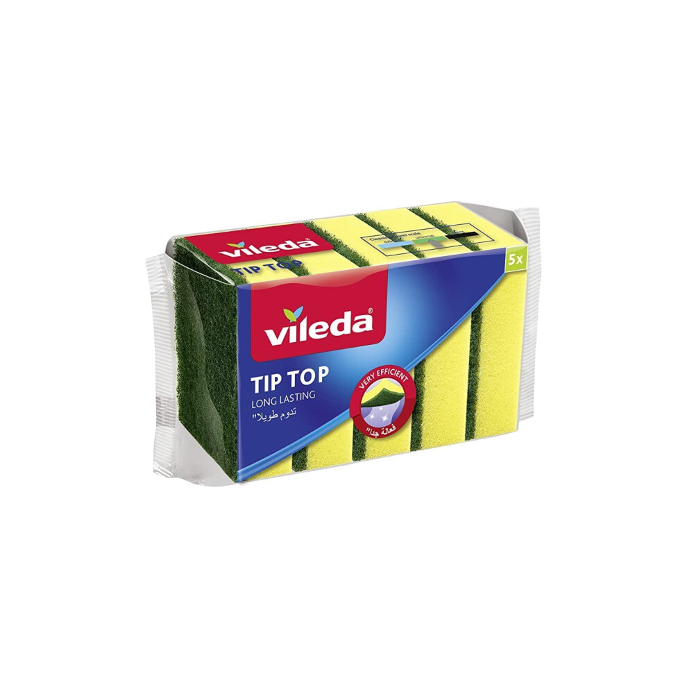 Vileda Tip Top Dish Washing Medium Foam Sponge Scourer Promo 5 Pcs, Long-Lasting And Durable, Sensitive Surfaces, & (5 Pcs Per Pack) Yellow/Green