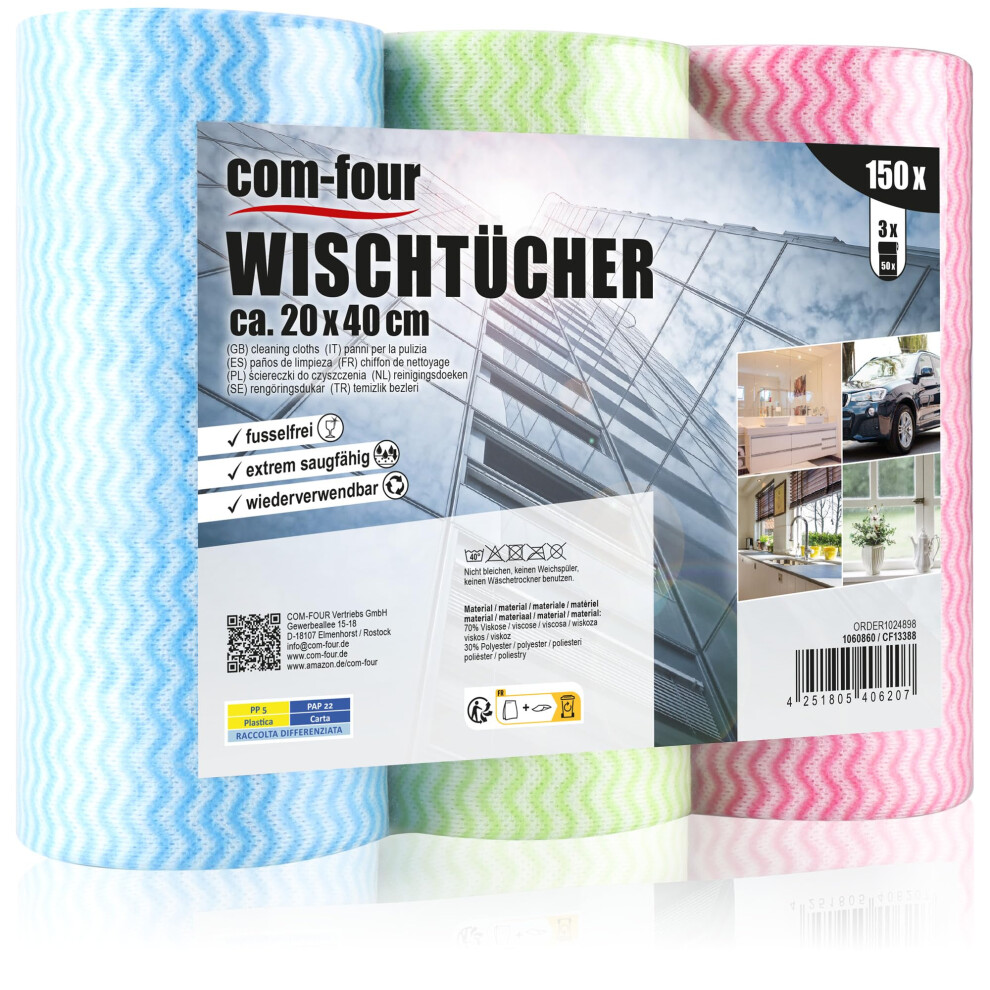 Com-Four 3X 50 Cleaning Cloths On A Roll - Cleaning Cloths For Kitchen, Bathroom And Household - Multi-Purpose Rags In [Selection Varies] 5051226525759