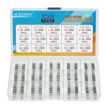 AUKENIEN 15 Value 150 Pcs 0.5A 1A 1.6A 2A 2.5A 3A 3.15A 4A 5A 6.3A 8A 10A 12A 15A 20A Amp 250V Fuses 5x20mm Fast Blow Glass Fuse Assortment Kit for