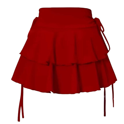 Retro Style Low Rise Skirt with Adjustable Drawstring-Red M
