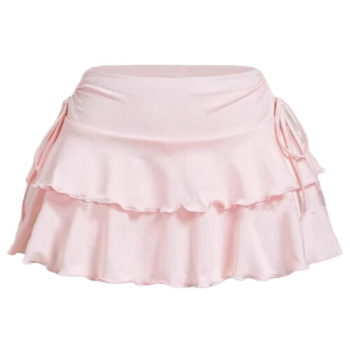 Retro Style Low Rise Skirt with Adjustable Drawstring-Pink M