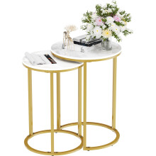 Marble Top Side Table Gold: 2 Nesting Small Sofa End Tables Round Bedside Nest Sets High Gloss Sintered Stone Marble Tabletop with Golden Metal Legs