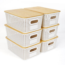 UHAPEER 6 Pack Stackable Plastic Storage Baskets with Bamboo Lid - Versatile Organizing Bins for Pantry, Closet, Office, Playroom & Desktop