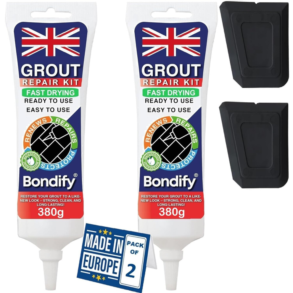 Bondify Waterproof Black Grout Ready Mixed, Grout Repair Kit, 380G X 2Pcs, Fast Drying, Extra Volume Anti Mould Black Tile Grout For Shower, Bathroom 5051226647000