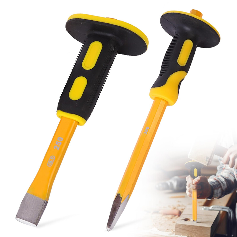 Bolster Chisel Set, 2 Piece Set 12 Inches Cold Chisel And Pointed Chisels Heavy Duty Concrete Brick Bolster Chizzle Carbon Steel With Guards For 5051226649820