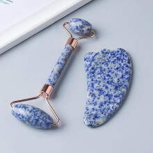 (Blue) Jade Facial Roller Guasha Sets Natural Crystal China Traditional Massage Stones Home Diy Spa Tools For Skin Health Care Slimming