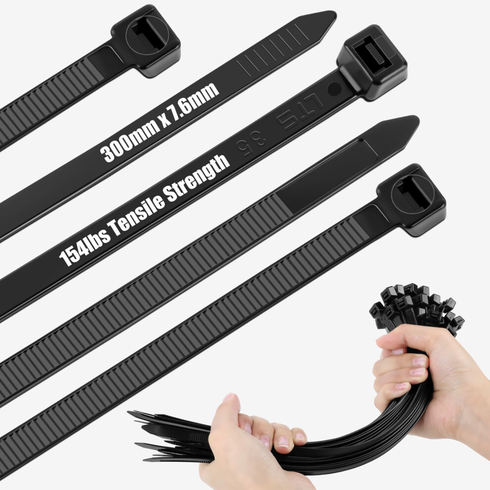 Cable Ties Black, 300Mm7.6mm, Cable Ties Heavy Duty, Tensile Strength 154 Lbs/70 Kg, Widened And Thickened, Uv Resistant 5051226646836