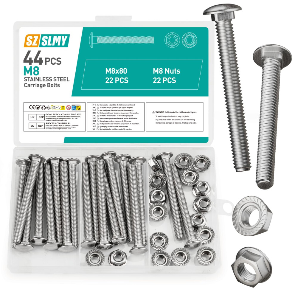 44 Pcs M8 Coach Bolts, M8 X 80Mm Cup Square Carriage Bolts And Nuts Set, Stainless Steel Coach Screws With Hexagon Flange Nuts 5051226663505