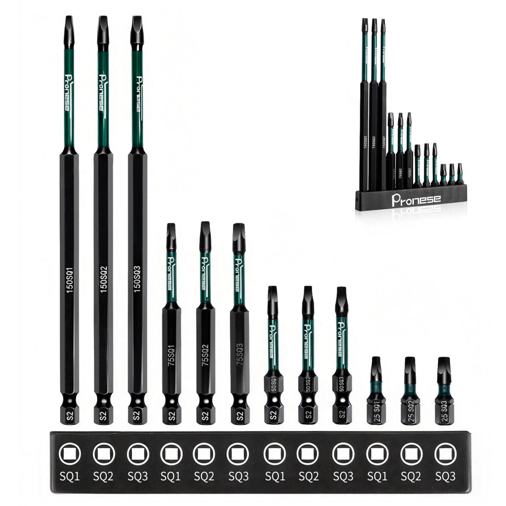 Pronese 12Pcs Square Screwdriver Bits, 25Mm/50Mm/75Mm/150Mm, S2 Steel 1/4ÂHex Shank Magnetic Square Head Impact Drill Bits 5051226645976