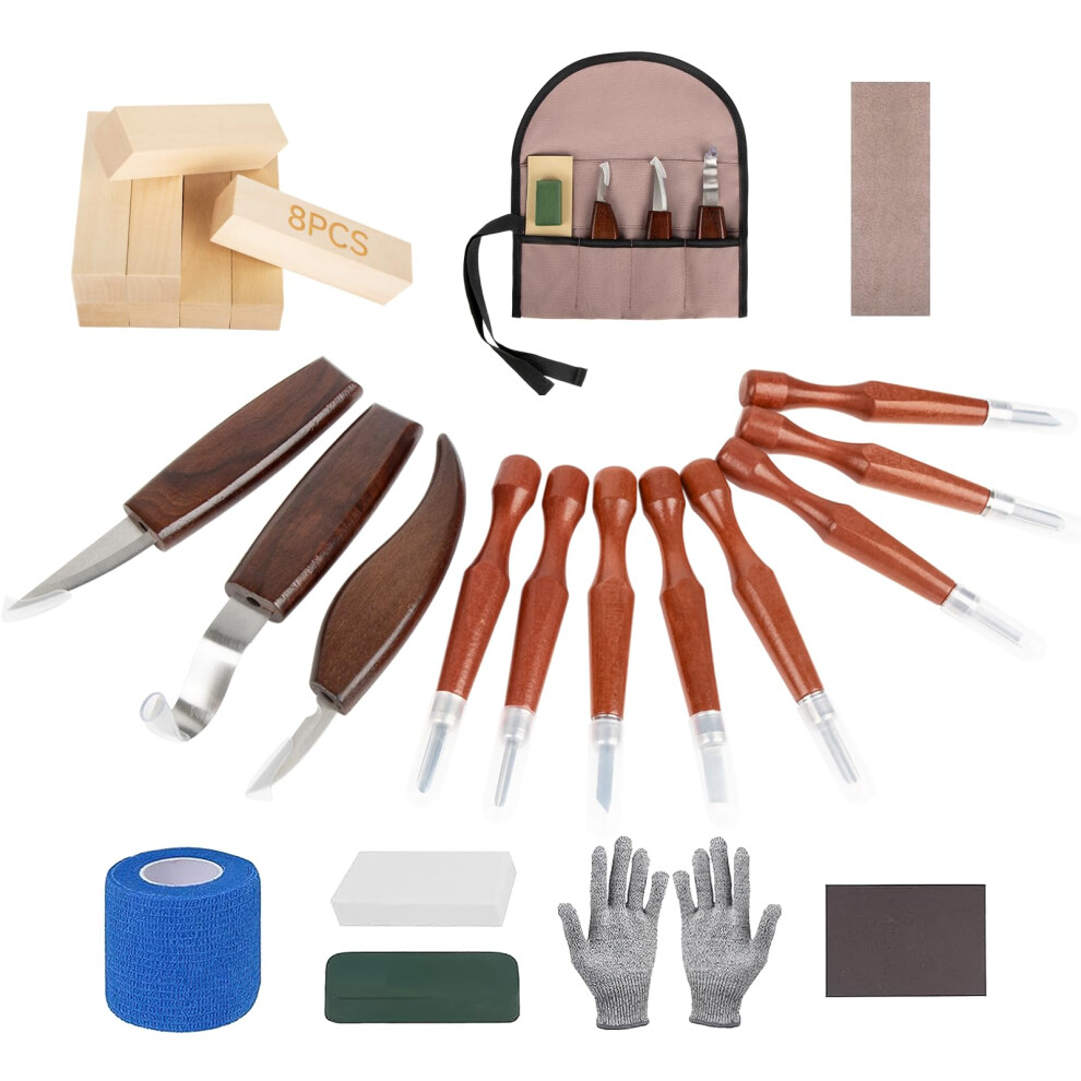 30Pcs Wood Carving Kit Woodworking Chisel,Britpick Wood Kit For Beginners, Includes 8Pcs Basswood Carving Blocks And 6Pcs Whittling, Gloves, Roll Bag 5051226646454