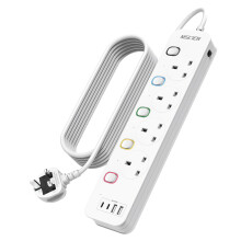 Mscien Extension Lead with USB Slots 3M, 4 Way Switched Extension Lead with Wall Mount, Overload Protection Power Strip, USB-C Slots, for Home