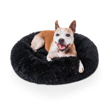 Woof & Whiskers Medium Calming Donut Dog Bed – Black, 60cm | Soft Round Plush Cuddler Bed for Dogs & Cats with Non-Slip Base, Anti-Anxiety Comfort
