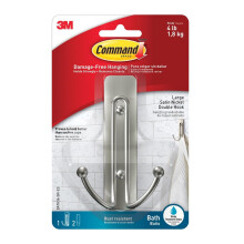Command Bathroom Large Double Hook, Pack of 1 Hook and 2 Adhesive Strips, Metal - Damage Free Hanging - Holds up to 1.8 kg, Satin Nickel