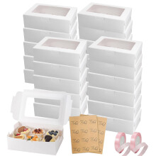 DYUEE 24 Packs White Cupcake Boxes 6 Holes, White Bakery Boxes with Window Cake Boxes, with Stickers and Pink Ribbons, for Home Baking, Party