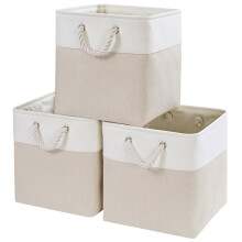 Mangata Fabric Storage Boxes, 25x25x25cm Cube Storage Boxes for Organizing Clothes Shelf Nursery Home Closet(Light Beige/White, Set of 3)
