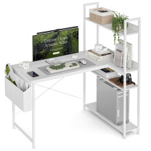 Grandder 100x80 cm L Shaped Gaming Desk with Reversible Storage Shelves, Computer Desk Home Office Corner Study Writing Table with Hutch, Study, White