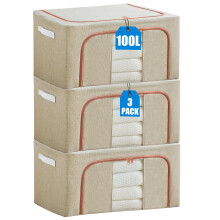 KXF Clothes Wardrobe Storage Organiser Boxes 3 Packs 100L Waterproof Stackable Foldable Oxford Cloth Steel Frame Closet Clothing Storage Bag Clear