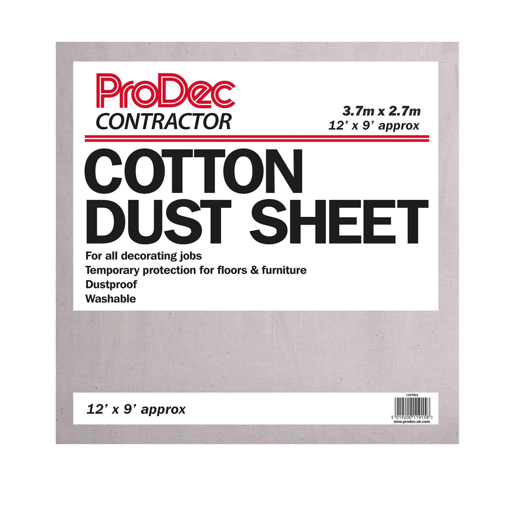 Prodec Contractor 12Ft X 9Ft Cotton Dust Sheet For Decorating, Carpet Protector, Washable Drop Cloth, Paint Shield, Painting Sheets 5051226649080