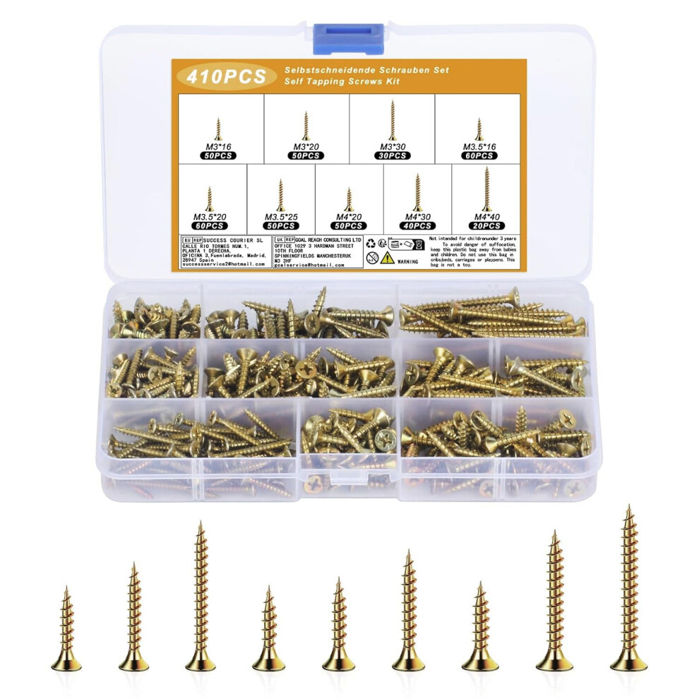 410 Pcs Wood Screws Assortment Kit, M3 M3.5 M4 Countersunk Cross Flat Head Assorted Screw Set 5051226663086