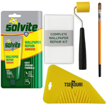 Solvite Wallpaper Repair Adhesive Tube (56g) with Foam Seam Roller, Smoother Tool With 0.9cm Brush & Cleaning Cloth – Complete Wallpaper Repair Set