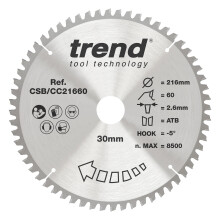Trend Wood Mitre Saw Blade, 216mm Diameter, 30mm Bore, 60 Teeth, 2.6mm Kerf, -5 Hook, TCT, Extra-Fine Finish, CSB/CC21660