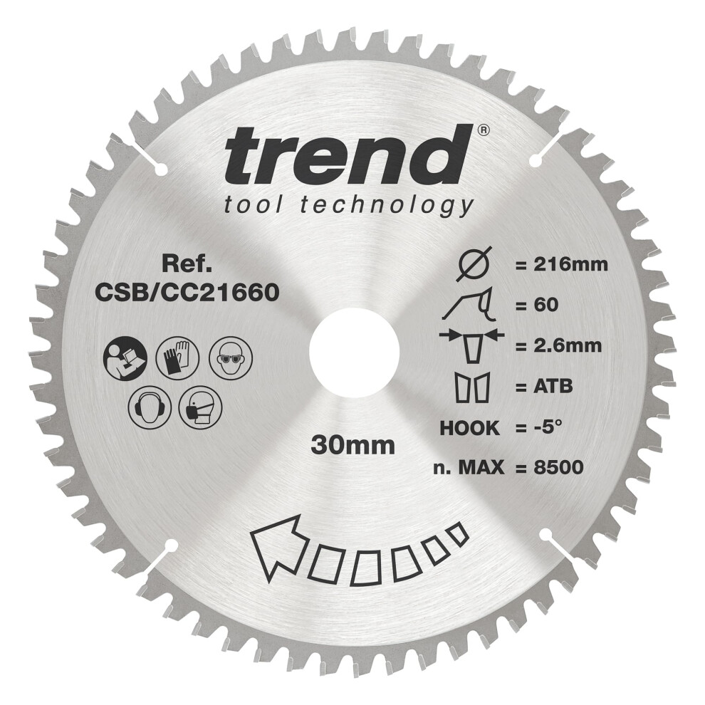 Trend Wood Mitre Saw Blade, 216Mm Diameter, 30Mm Bore, 60 Teeth, 2.6Mm Kerf, -5 Hook, Tct, Extra-Fine Finish, Csb/Cc21660