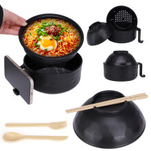 EOAMGO 1200ml Ramen Bowl Set with Lid, Chopsticks and Fork - Portable Microwave Noodle Pot, Large Soup Container with Salad Bowl, BPA Free (Black)