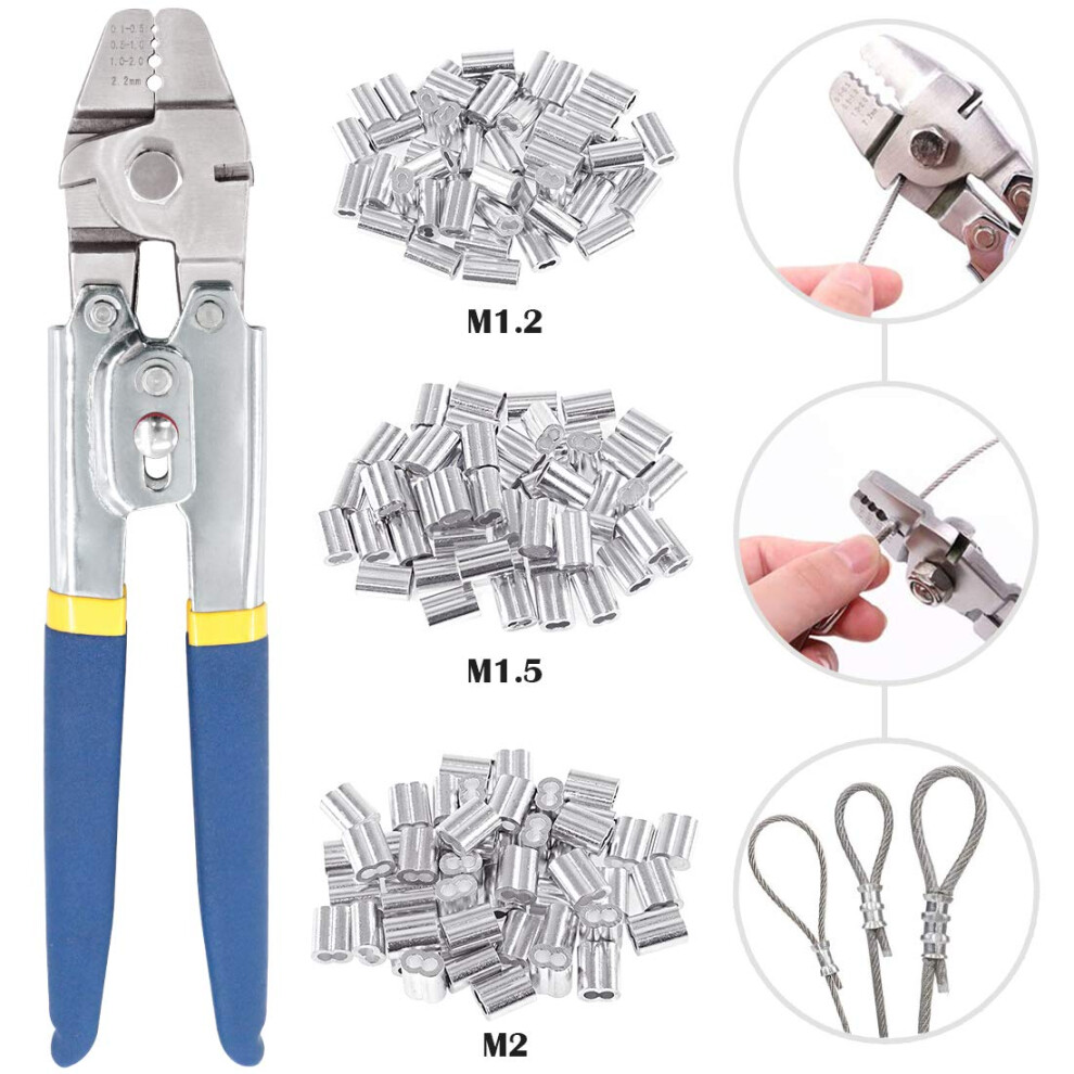 Glarks Up To 2.2Mm Wire Rope Crimping Tool With 150Pcs 3 Size Aluminum Double Barrel Ferrule Crimping Loop Sleeve Kit 5051226658242