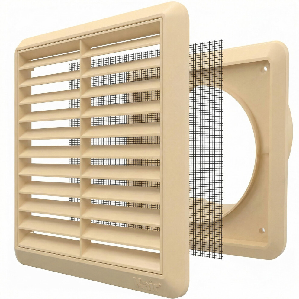 Kair Beige 100Mm Louvred Wall Vent Grille With Flyscreen - 99.5Mm / 4 Inch Round Rear Spigot & 155Mm Front Cover 5051226661884