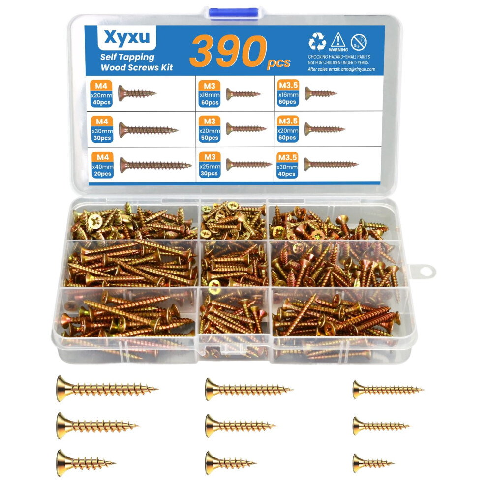 Xyxu Wood Screws Assortment Kit -390Pcs M3, M3.5, M4 Self Tapping Screw Set, 16-40Mm Carbon Steel Zinc Coated Countersunk Small Assorted Screws For 5051226661013