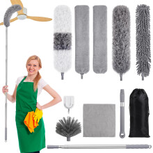 wlich 11 Pcs Feather Duster with Extension Pole, 15-84In Grey Cleaning Kit