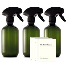 Recycled Plastic Spray Bottles 3 x 500ml with 9 x Waterproof Labels; Eco-Friendly, Refillable, Reusable Empty Bottle Set