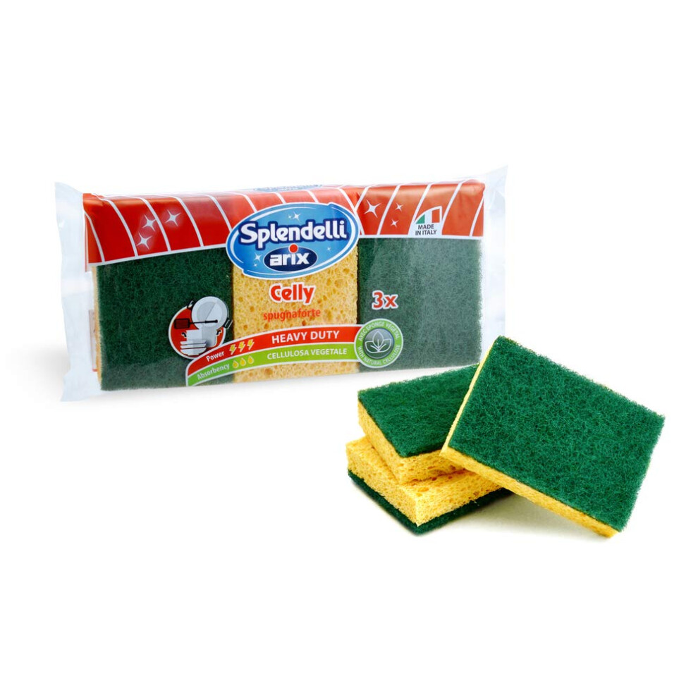 Arix 3 Sponges With Vegetable Cellulose For Stubborn Dirt, Maxi Absorbency Kitchen Sponges From Splendelli Line, Sponge With Strong Abrasive Fibre 5051226669255