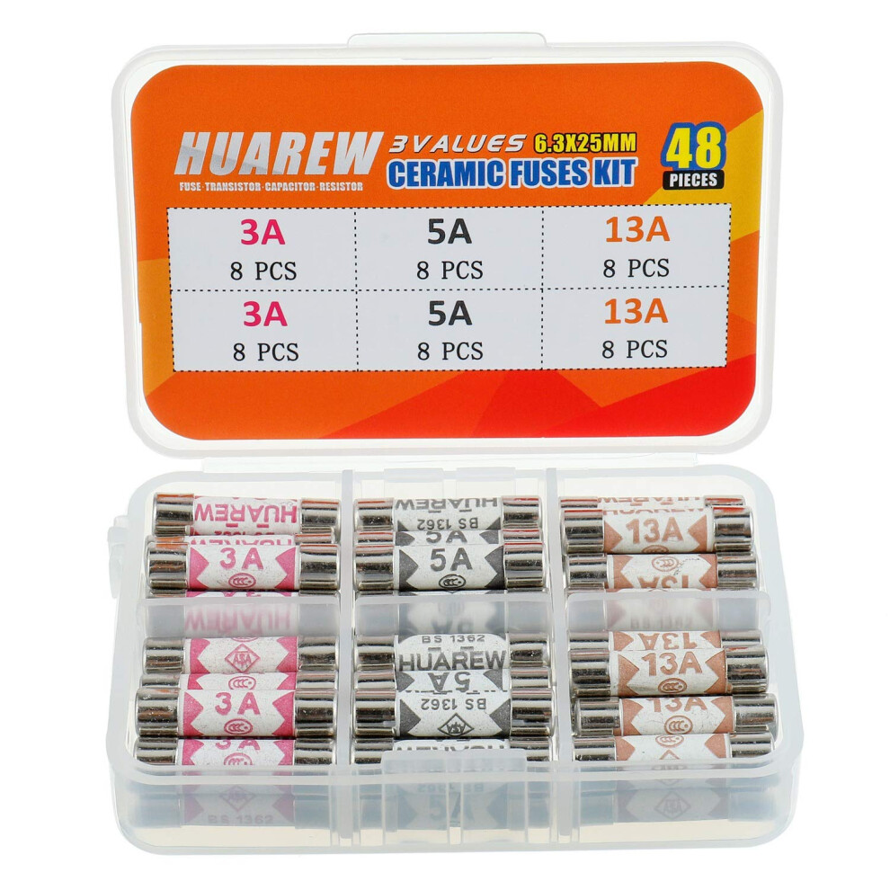 Huarew 3 Values 48 Pcs 6.3X25 Mm Bs1362 3A 5A 13A 240 V 0.248X0.984 Inch Ceramic Tube Fuses Assortment Kit 5051226649202