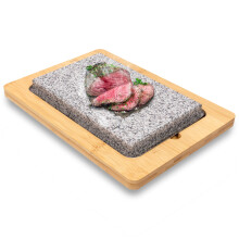 NutriChef Sizzle Hot Cooking Stone Grill with Bamboo Platter, Tabletop Granite Stone Grill with Non-Slip Handles, Adjustable Temperature Control
