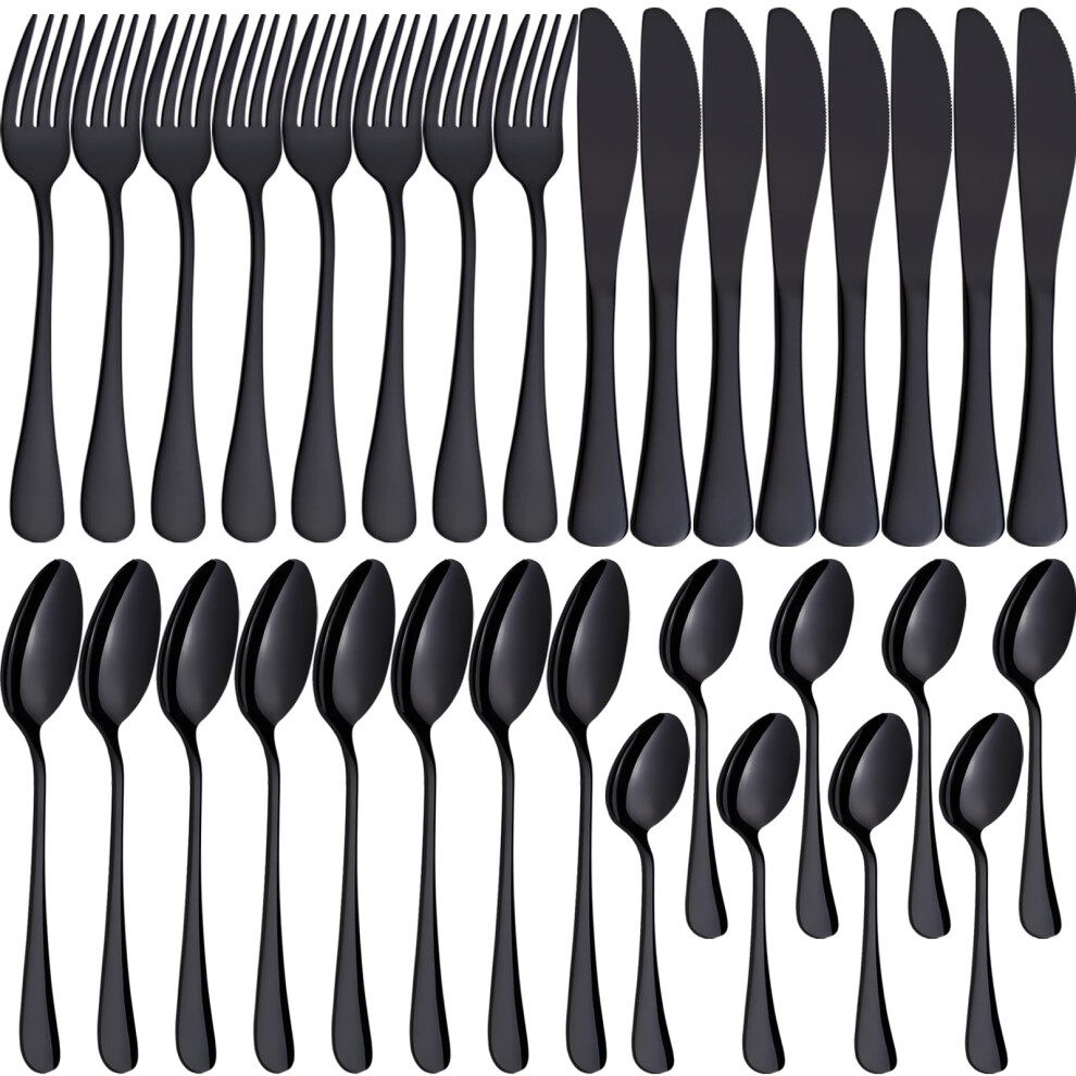 Pionstar 32 Pieces Black Cutlery Set, Stainless Steel Cutlery Set For 8 People, Flatware Set Include Knives, Forks, Spoons And Teaspoons