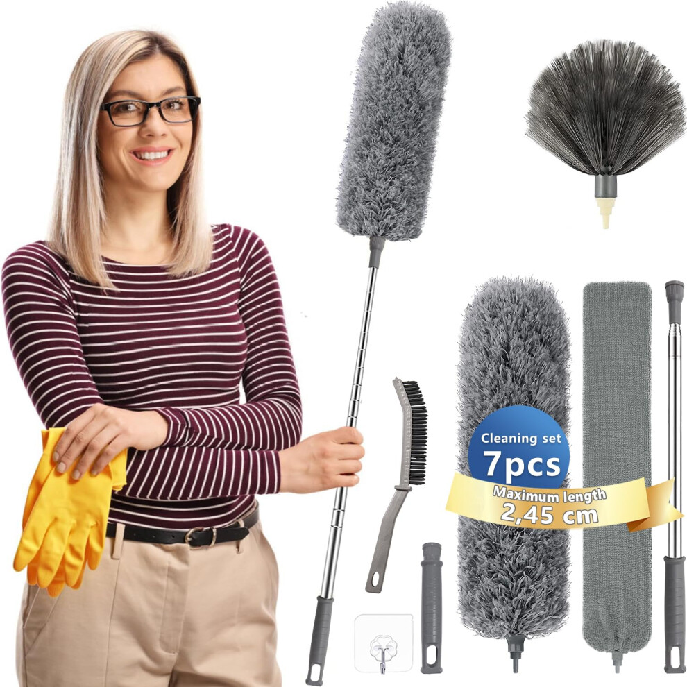 Gentle Monkey Feather Duster,Dusters For Cleaning Extendable,With30-245Cm Pole Telescopic Cobweb Brush Grey7pcs
