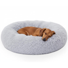 Woof & Whiskers Small Calming Donut Dog Bed – Light Grey, 50cm | Soft Plush Cuddler Bed for Puppies & Indoor Cats with Non-Slip Base, Cozy Comfort