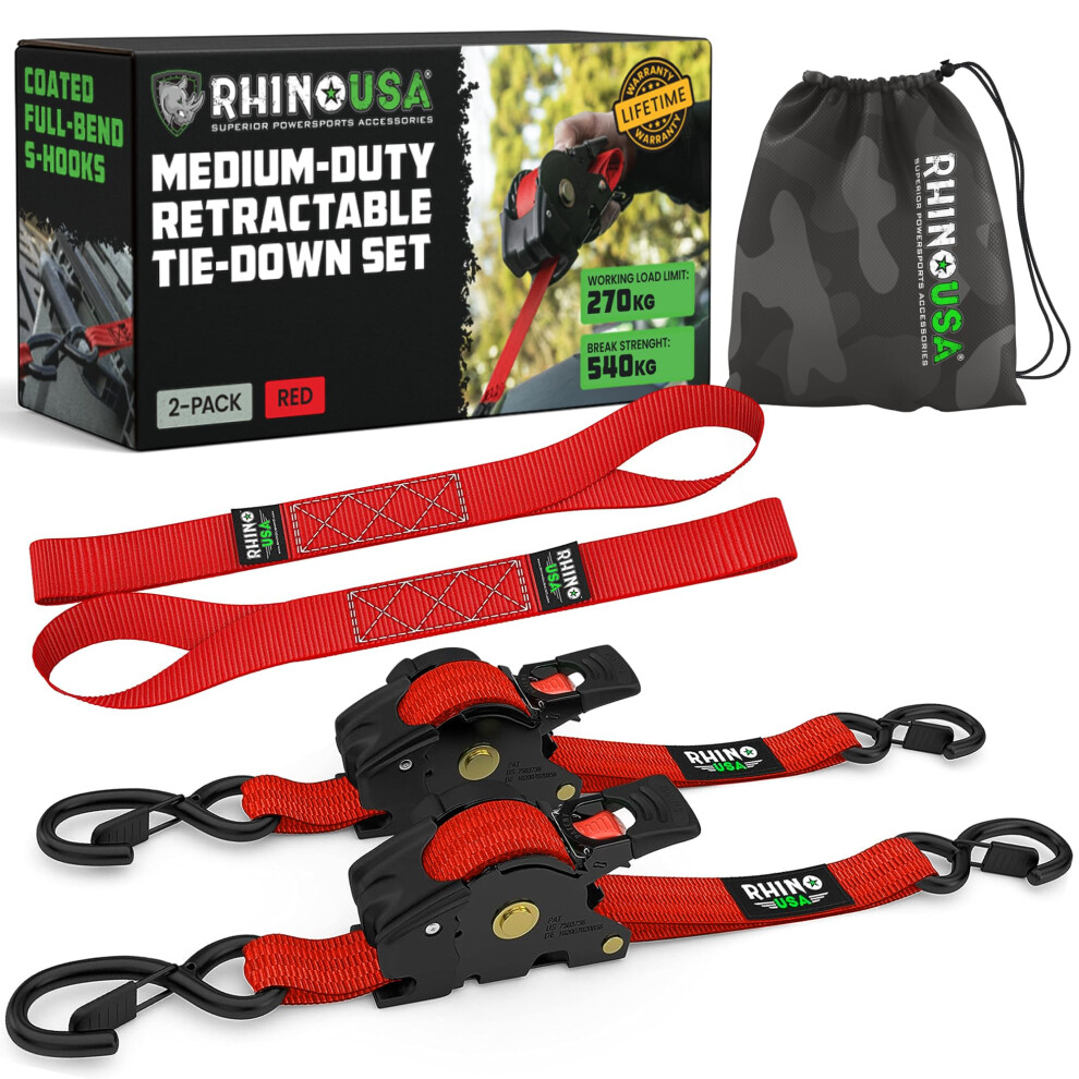 Rhino Usa Retractable Ratchet Straps (2-Pack) - 2.5Cm X 3M (540Kg Break Strength) - Medium Duty Auto Self-Retracting Tie Down Straps For Truck 5051226664373