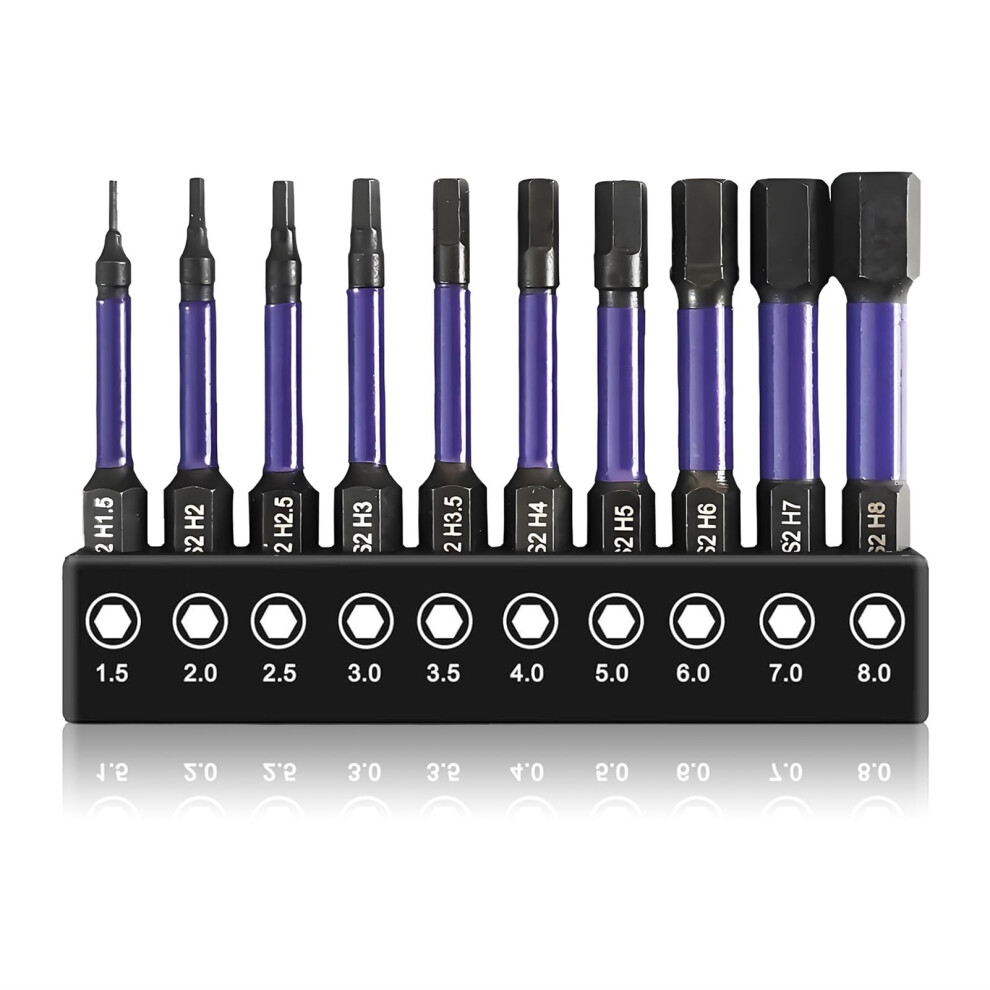 Hex Allen Key Drill Bit Set, 10 Pcs Alan Keys Hex Screwdriver Drill Bit Sets 50Mm Impact Magnetic Allen Wrench Bits S2 Steel H1.5-H8 5051226653643