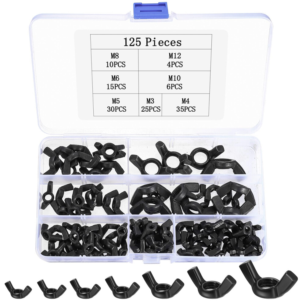 125 Pcs Wing Nuts Assorted Kit, Carbon Steel Metric Butterfly Nuts, Wing Nut Assortment Kit, M3 M4 M5 M6 M8 M10 M12 Nut Set(Black) 5051226651960