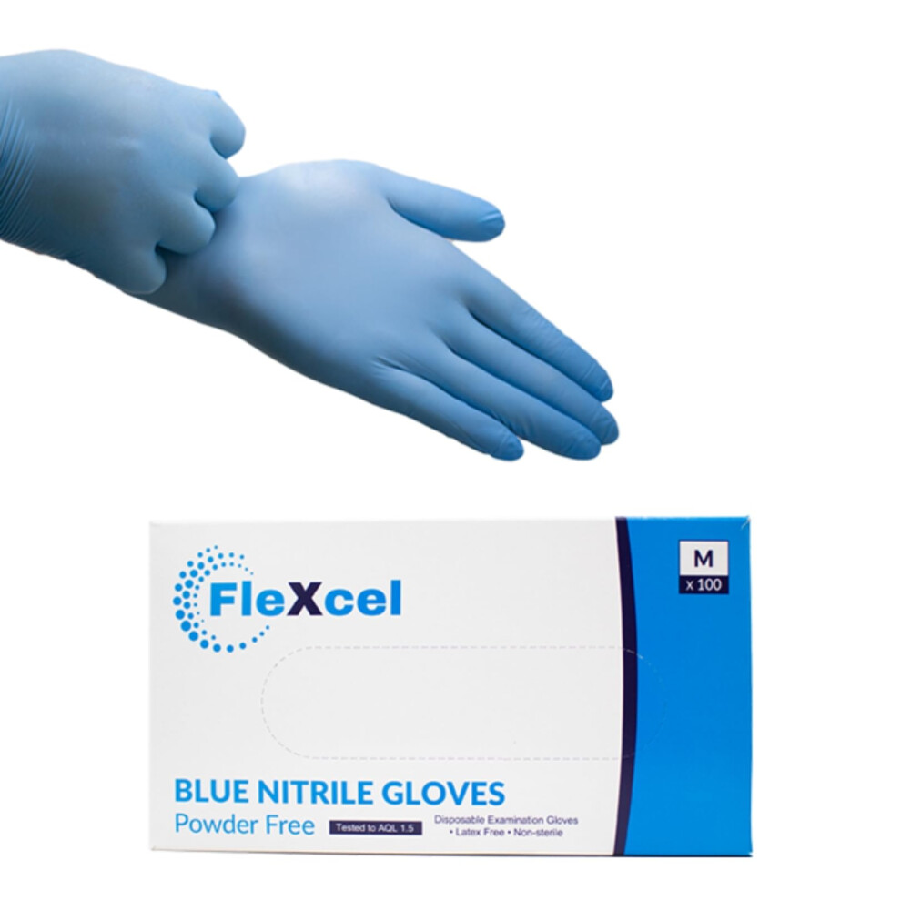 Flexcel Blue Nitrile Gloves (Box Of 100) Size Large - Multipurpose Powder Free, Latex Free, Medical Grade, Food Safe Examination Gloves 5051226943898