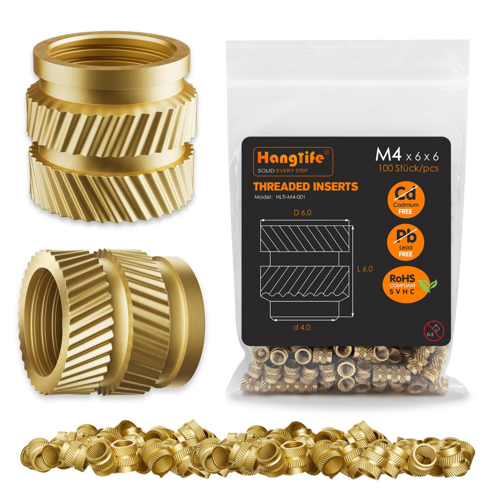 Hanglife Threaded Inserts For Plastic, M4 Heat Set Insert For 3D Printing Components And Plastic Parts - Brass Metric Knurled Nuts (100 Pieces) 5051226664205