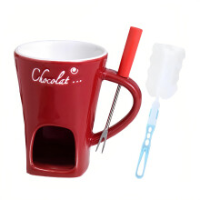 Chocolate Fondue Mug Set with Fork & Cleaning Brush - Ceramic Chocolate Melting Cup for Cheese,Butter,Tea,Safe for Desk,Office,Home Use