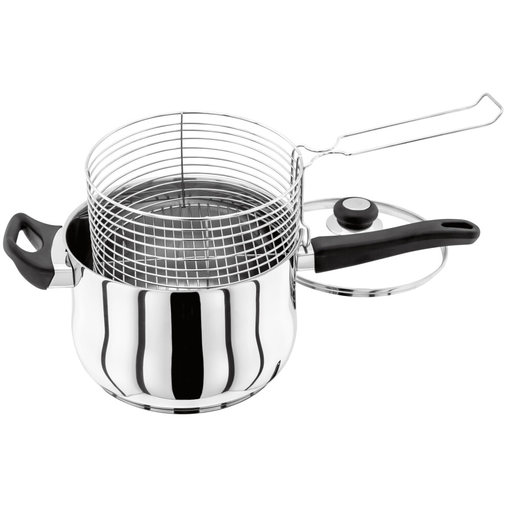 Judge Vista Stainless Steel Chip Pan Fryer With Basket And Helper Handle 22Cm, Shatterproof Vented Glass Lid, Induction Ready, Oven Safe